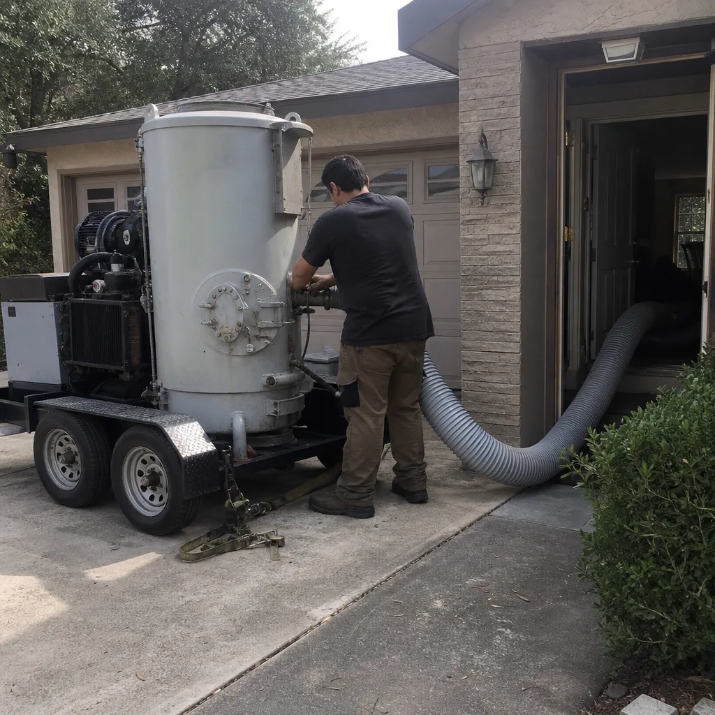 Technician using professional air duct cleaning vacuum equipment at residential house