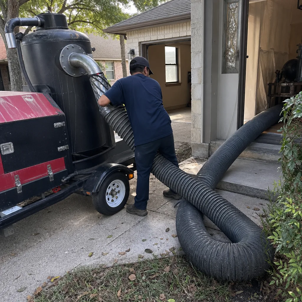 Technician using professional industrial vacuum equipment for air duct cleaning services