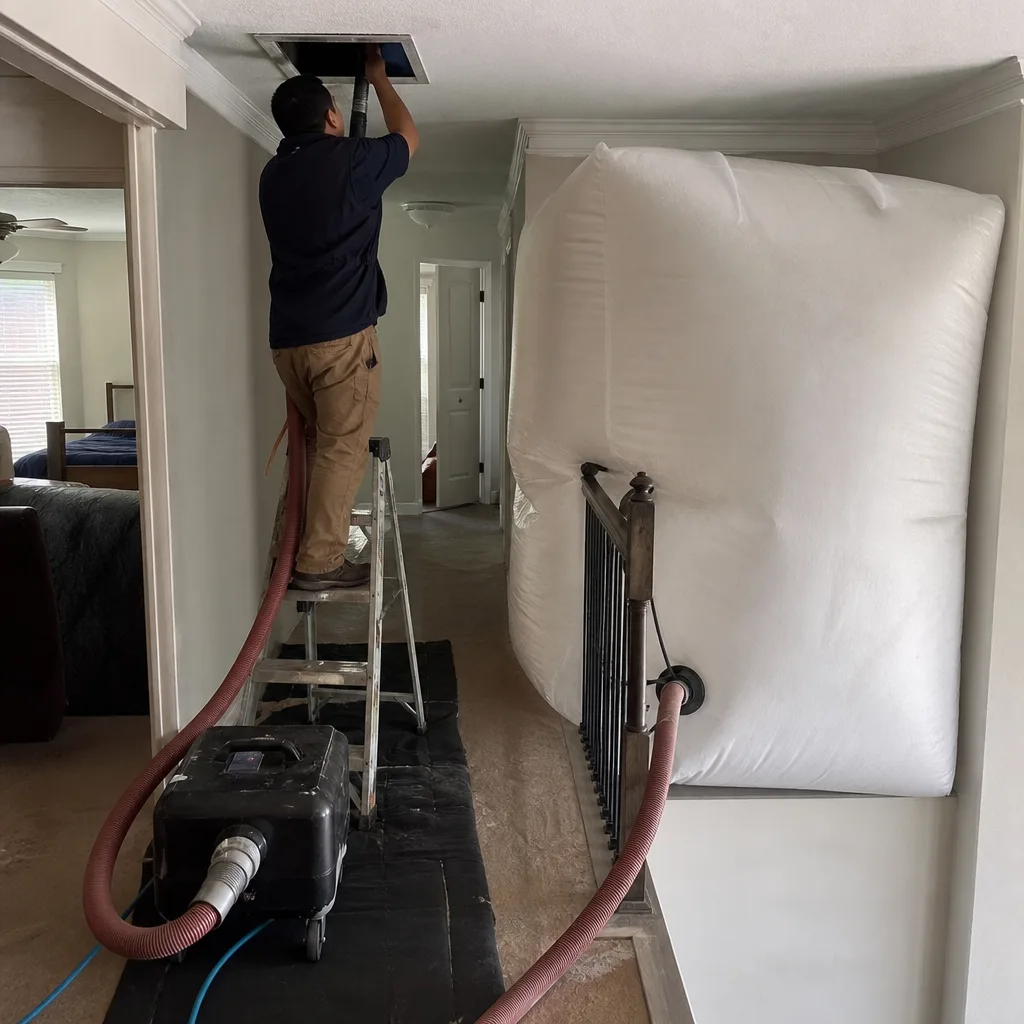 Technician performing professional air duct cleaning services in a home