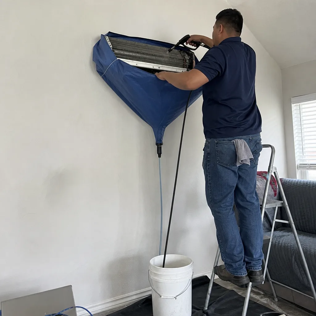 Technician performing professional indoor HVAC coil cleaning with protective bag