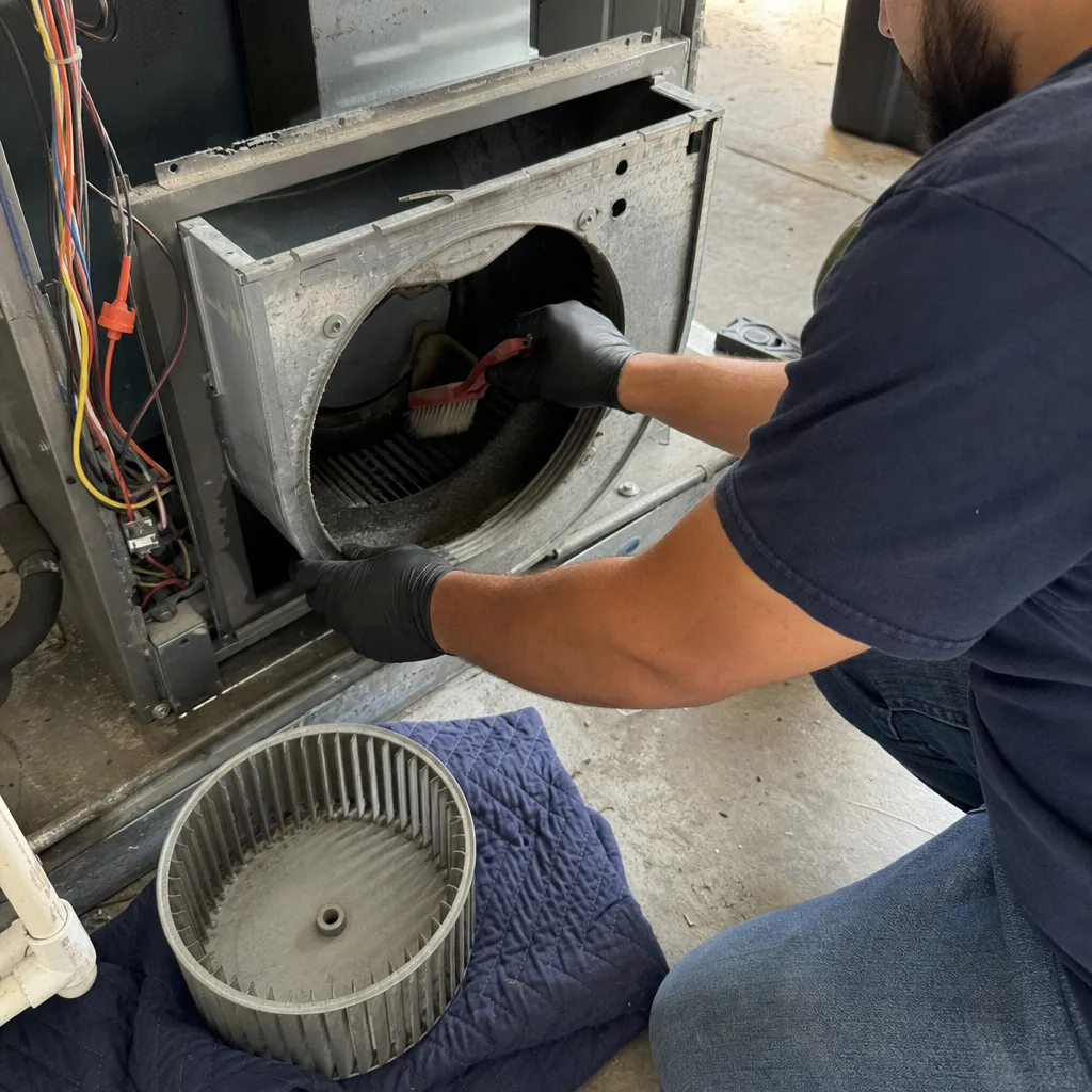 Technician cleaning interior of HVAC blower assembly housing